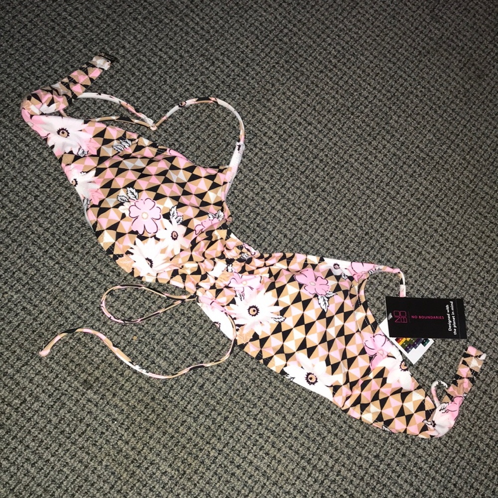 No Boundaries Pink Black Cream Floral Triangle Bikini Top